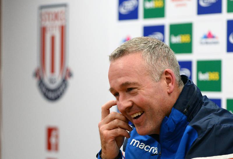 STOKE ON TRENT, ENGLAND - JANUARY 16: Paul Lambert talks to the media as he is officially unveiled as Stoke City new manager at Britannia Stadium on January 16, 2018 in Stoke on Trent, England. (Photo by Nathan Stirk/Getty Images)