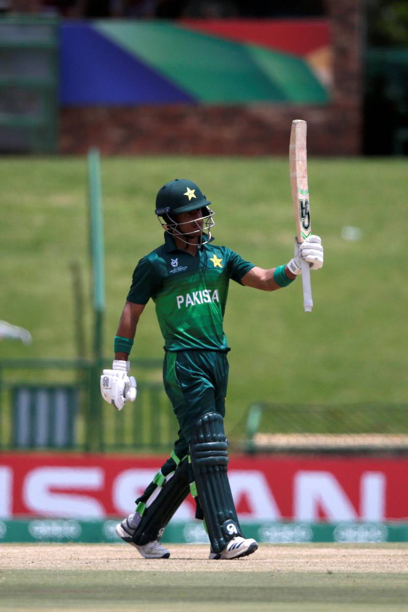 Pakistan's captain Rohail Nazir celebrates after scoring a half-century (50 runs) during the Semi-Final of the ICC Under-19 World Cup between India and Pakistan at the Senwes Park in Potchefstroom on February 4, 2020. (Photo by WIKUS DE WET / AFP)