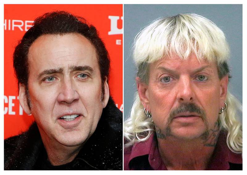 This combination photo shows actor Nicolas Cage at the premiere of "Mandy" during the 2018 Sundance Film Festival in Park City, Utah. on Jan. 19, 2018, left, and a booking mug of provided by the Santa Rosa County Jail in Milton, Fla., shows Joseph Maldonado-Passage, also known as "Joe Exotic." Cage will portray Maldonado-Passage in a new limited series produced by Brian Grazer. (AP Photo, left, and Santa Rosa County Jail via AP)