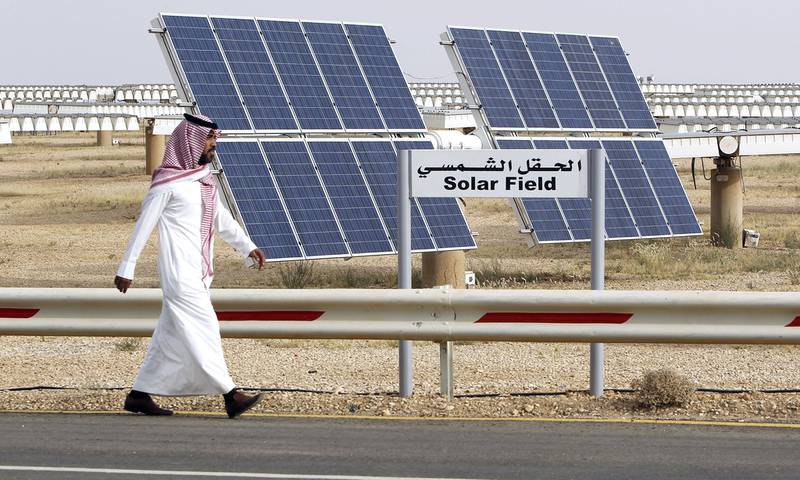 Solar panels at Saudi Arabia's King Abdulaziz City of Sciences and Technology, in Riyadh. The kingdom plans to generate 50 per cent of its power from renewables by 2030. Reuters