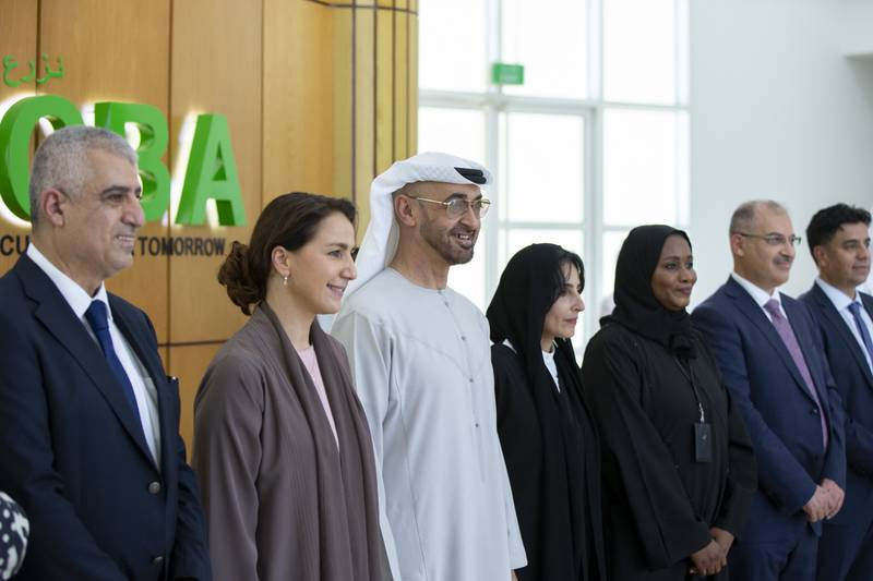 The President, Sheikh Mohamed during a visit to the International Centre for Biosaline Agriculture (ICBA) in Dubai. Seen with Mariam Al Mheiri, Minister of Climate Change and Environment; Razan Al Mubarak, managing director of the Environment Agency – Abu Dhabi (4th L); and Dr Tarifa Alzaabi, acting director general of the ICBA (5th R). Photo: Mohamed Al Baloushi for the Ministry of Presidential Affairs 
