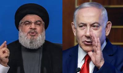 Benjamin Netanyahu, right, has toldHassan Nasrallah, left, to calm down after the Hezbollah leader warned Israel of an imminent response to two Israeli drones that crashed in Beirut Photo composite: EPA / AP Photo