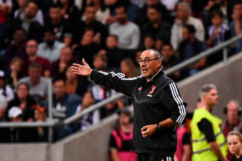 Juventus' head coach Maurizio Sarri reacts during the International Champions Cup football match between Atletico Madrid v Juventus on August 10, 2019 in Solna outside Stockholm, Sweden.  / AFP / Jonathan NACKSTRAND
