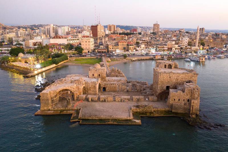 epa07857573 A picture taken with a drone shows an aerial view of the Sea Castle in Sidon (Saida), south Lebanon, 20 September 2019. The ancient Phoenician port city of Sidon, that is located on the Mediterranean coast of present-day Lebanon, is said to have been inhabited since 4000 B.C. Sidon's Sea Castle was built as a fortress on a small island connected to the mainland by a narrow long roadway by the Crusaders during the 13th century.  EPA-EFE/WAEL HAMZEH *** Local Caption *** 55483332