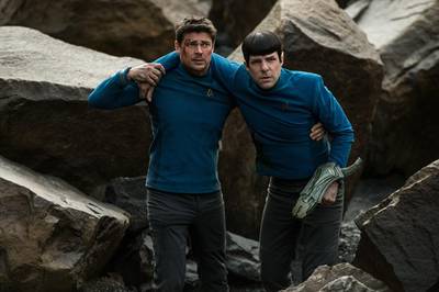 Karl Urban, left, as Doctor McCoy and Zachary Quinto as Spock in Star Trek Beyond. Kimberley French / Paramount Pictures