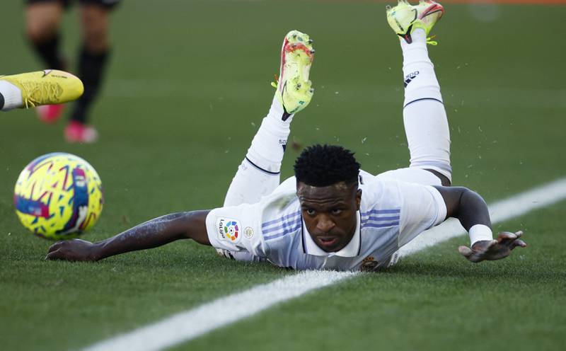 Real Madrid's Vinicius Junior hits the deck. Reuters