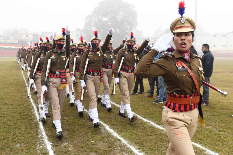 Punjab Police officers march in Amritsar. AFP