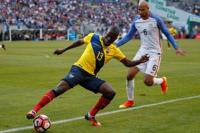 Enner Valencia #13 of Ecuador controls the ball against John Brooks #6 of the United States during the 2016 Quarterfinal - Copa America Centenario match at CenturyLink Field on June 16, 2016 in Seattle, Washington. The United States beat Ecuador 2-1. Otto Greule Jr/Getty Images