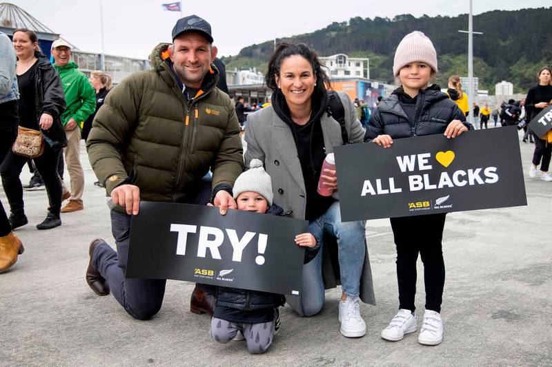 New Zealand fans pose for a picture before the Bledisloe Cup rugby union match between New Zealand and Australia in Wellington. AFP