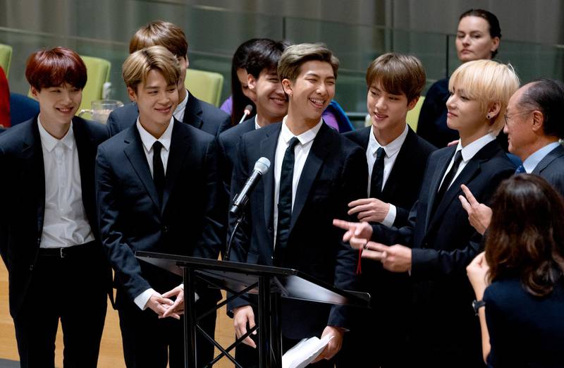 Members of the Korean K-Pop group BTS attend a meeting at the U.N. high level event regarding youth during the 73rd session of the United Nations General Assembly. AP Photo