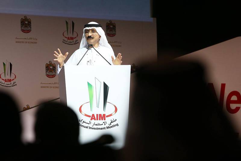 Sultan bin Sulayem, the chairman and chief executive of DP World, speaks on the first day of Annual Investment Meeting in Dubai. Pawan Singh / The National