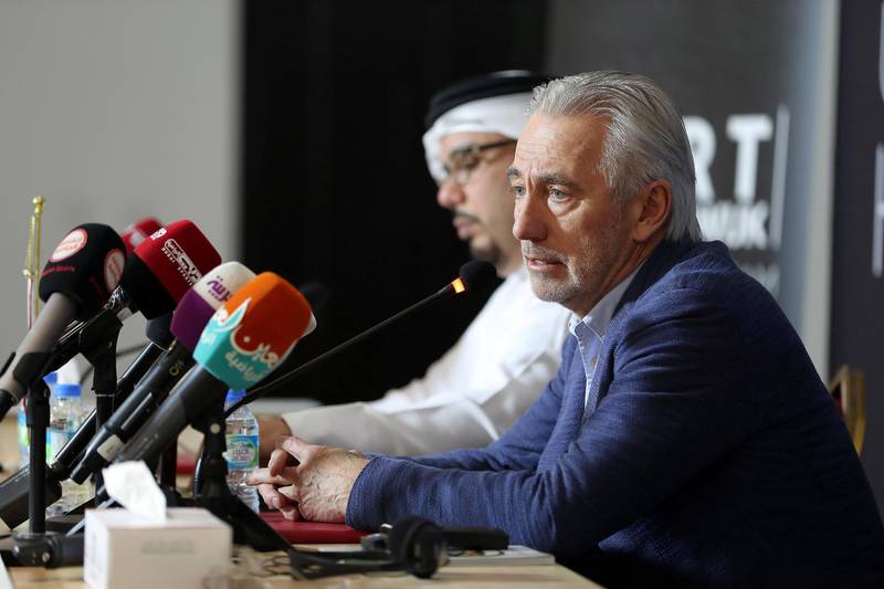 ABU DHABI , UNITED ARAB EMIRATES , March 21 – 2019 :- Left to Right - Abdulla Naser Al Junaibi , UAEFA Vice Chairman and Bert Van Marwijk , UAE National Team Head Coach during the press conference held at Al Nahyan Stadium in Abu Dhabi. ( Pawan Singh / The National ) For Sports. Story by John