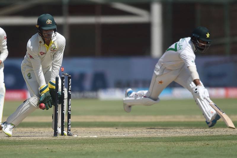 Pakistan opener Abdullah Shafique is run out by Australia's Mitchell Swepson for 13. AFP