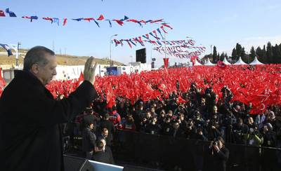 Turkey's President Recep Tayyip Erdogan addresses his supporters in Istanbul, Saturday, Jan. 21, 2017. Erdogan started campaigning for constitutional reforms that would greatly expand the powers of his office on Saturday, hours after a vote in parliament cleared the way for a national referendum on the issue. (Kayhan Ozer/Presidential Press Service, Pool Photo via AP