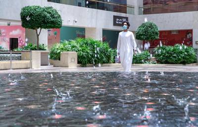 Abu Dhabi, United Arab Emirates, May 9, 2020.  Yas Mall, Abu Dhabi will be open from noon to 9pm. Supermarkets and pharmacies will be open from 9am to midnight.  Mall shoppers during the Coronavirus pandemic.Victor Besa/The NationalSection:  NAReporter: