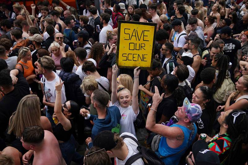 The demonstration was organised by Save Our Scene, calling for the easing of restrictions for music events. AP Photo