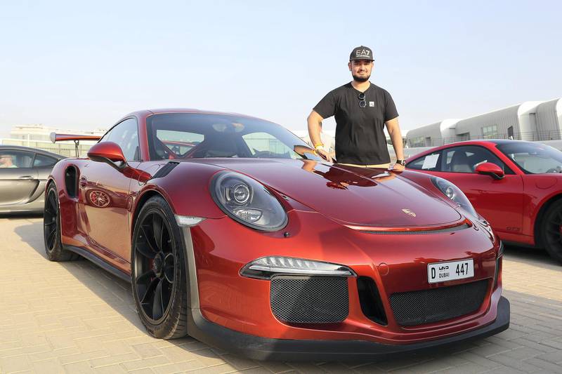 DUBAI, UNITED ARAB EMIRATES, August 31 – 2018 :- Amrit Bassi with his Porsche GT3RS at the Dubai Autodrome in Dubai. Members and Guests of the Ninth Degree supercars club driving their cars during the Ninth Degree supercars club meet held at Dubai Autodrome in Dubai. ( Pawan Singh / The National )  For Motoring. Story by Adam Workman