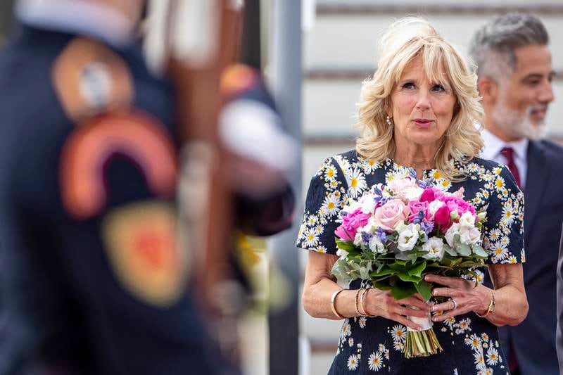 US first lady Jill Biden arrives at an airport in Bratislava, Slovakia, May 7 to spend Mother's Day weekend there. EPA