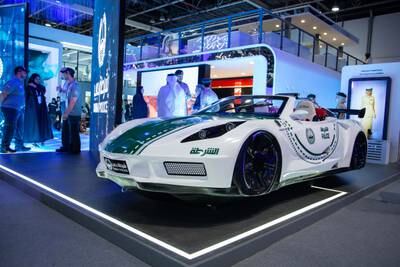 A high-speed floating police car on display at the conference in Dubai