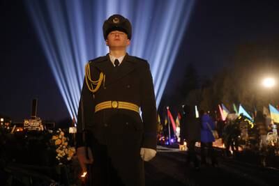 A commemoration event with a light installation at the Field of Mars cemetery where hundreds of Ukrainian soldiers are buried, in Lviv, western Ukraine. Getty