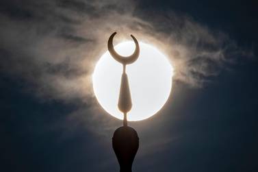 Dubai, United Arab Emirates - Reporter: N/A: The sun sets behind Al Rustmani Mosque in Jebel Ali on the day before ramadan. Thursday, April 23rd, 2020. Dubai. Chris Whiteoak / The National