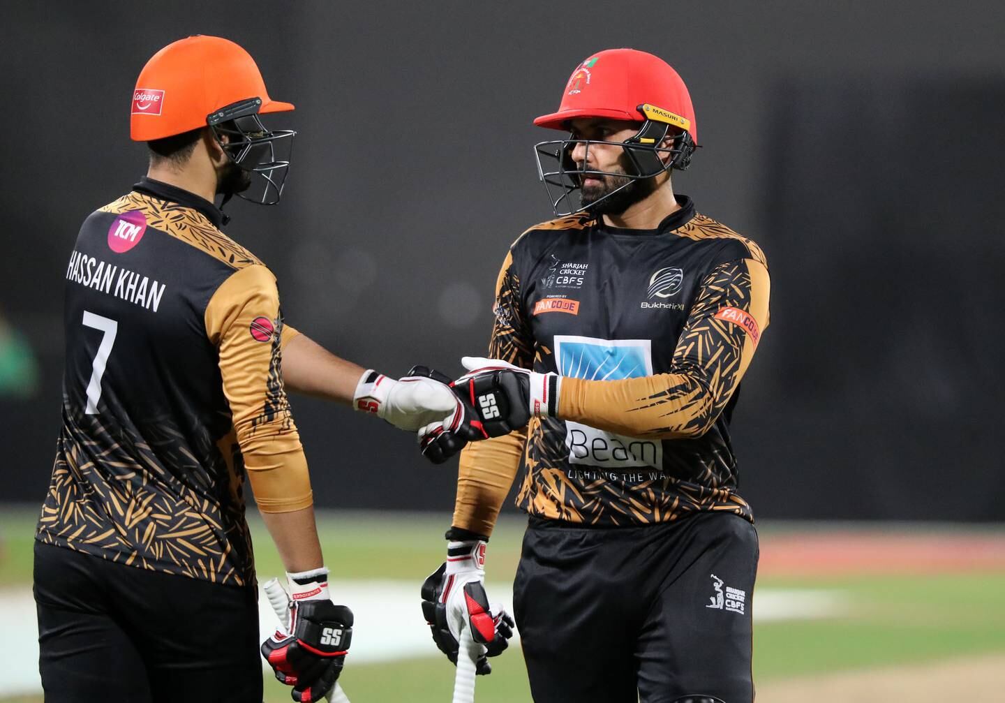 Mohammed Nabi batting with his son Hassan Khan in Sharjah. Chris Whiteoak / The National