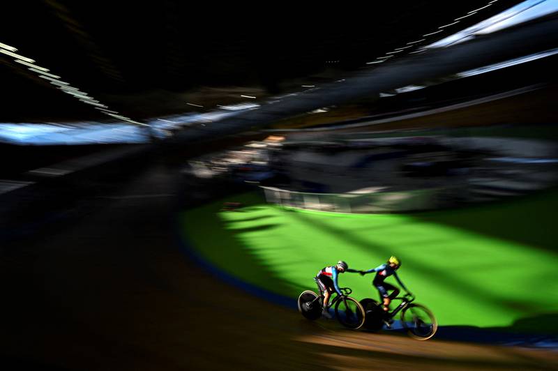 Canada´s Lily Plante and Sarah Van Dam compete in women's madison final during Track Cycling Nations Cup in Cali, Colombia, on Sunday, September 12. AFP
