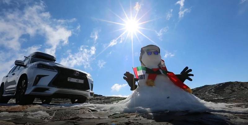 Snow can also be common in the winter. Snowmen are often built, such as this one in Jebel Jais in January, 2020. Photo: Ahmed Al Bedwawi