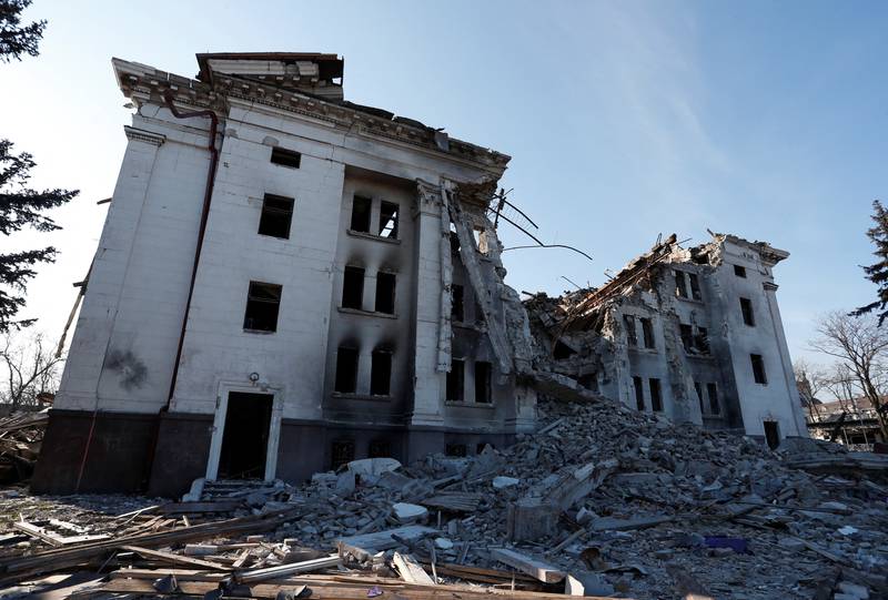 The shell of a theatre destroyed in the southern Ukrainian port city of Mariupol. Reuters