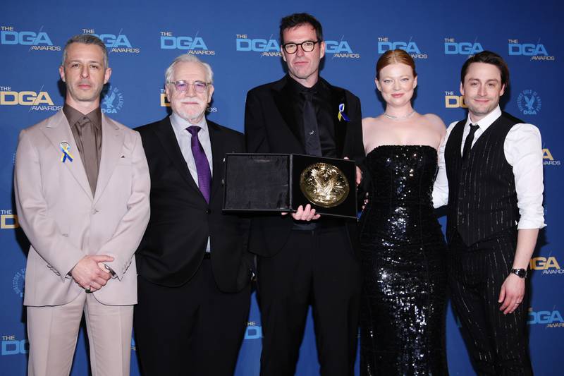 From left, Jeremy Strong; Brian Cox; Mark Mylod, winner of the Outstanding Directorial Achievement in Dramatic Series award for "Succession: All the Bells Say"; Sarah Snook and Kieran Culkin. AFP
