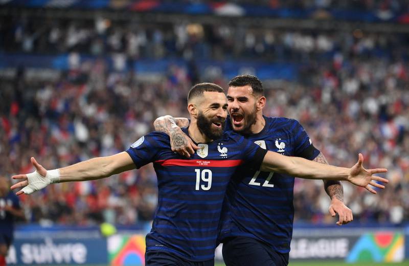 Karim Benzema celebrates  after scoring for France against Denmark during the Nations League match in June 2022. AFP