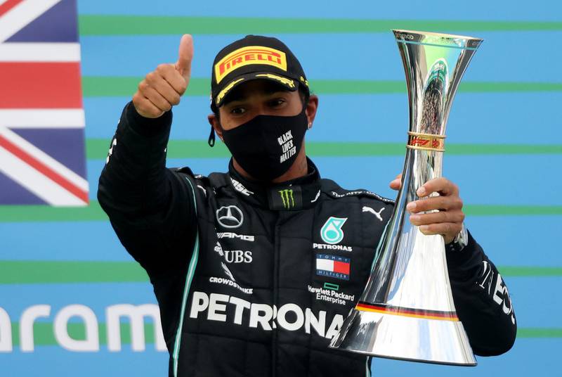Mercedes' Lewis Hamilton celebrates. Reuters