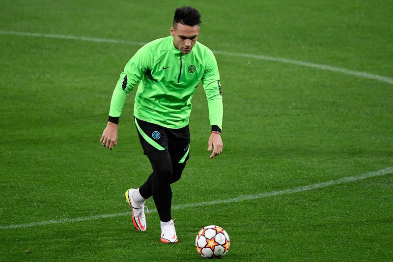 Lautaro Martinez on the ball during a training session in Madrid. AFP