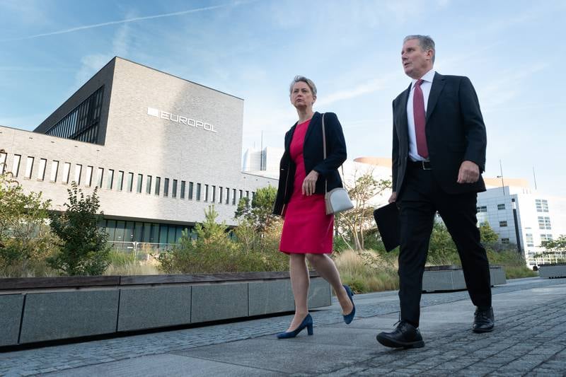 Labour leader Sir Keir Starmer and shadow home secretary Yvette Cooper arriving at Europol in The Hague, Netherlands, to discuss how Labour would tackle Channel crossings. PA