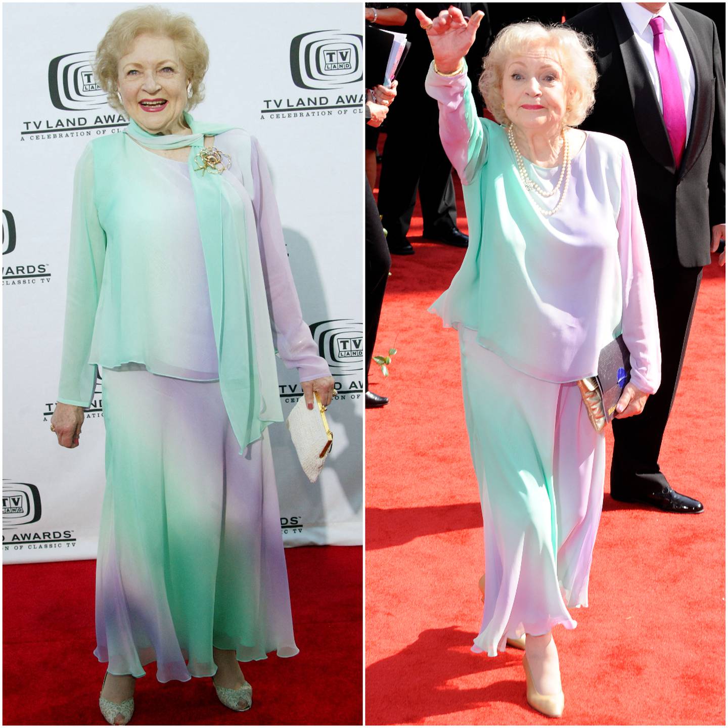 Betty White wasn't afraid to repeat red carpet looks, seen here in 2004 and 2010. Getty Images