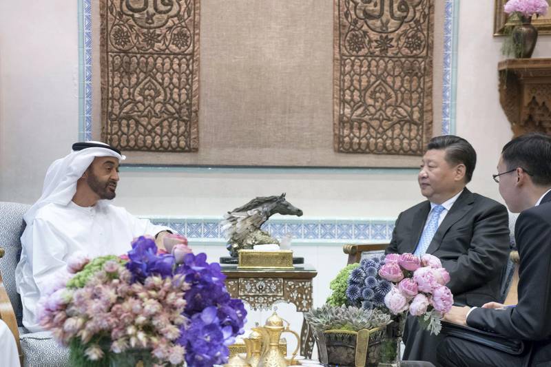 ABU DHABI, UNITED ARAB EMIRATES - July 20, 2018: HH Sheikh Mohamed bin Zayed Al Nahyan Crown Prince of Abu Dhabi Deputy Supreme Commander of the UAE Armed Forces (L), meets with HE Xi Jinping, President of China (2nd R) after a private dinner, at Sea Palace.

( Rashed Al Mansoori / Crown Prince Court - Abu Dhabi )
---