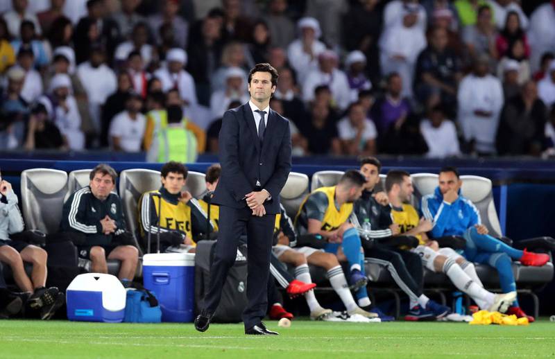 Abu Dhabi, United Arab Emirates - December 22, 2018: Real Madrid manager Santiago Solari during the match between Real Madrid and Al Ain at the Fifa Club World Cup final. Saturday the 22nd of December 2018 at the Zayed Sports City Stadium, Abu Dhabi. Chris Whiteoak / The National