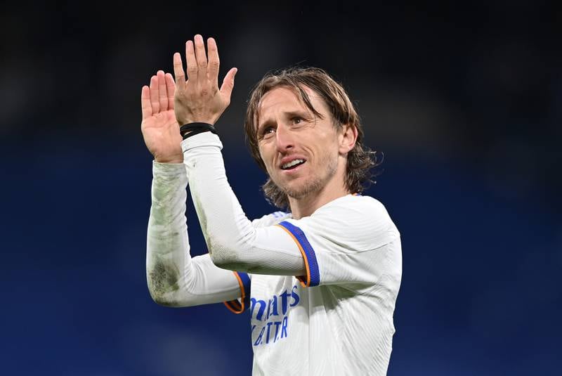 Real Madrid's Luka Modric acknowledges the crowd after the Champions League quarter-final second leg against Chelsea at the Santiago Bernabeu on Tuesday, April 12, 2022. Getty