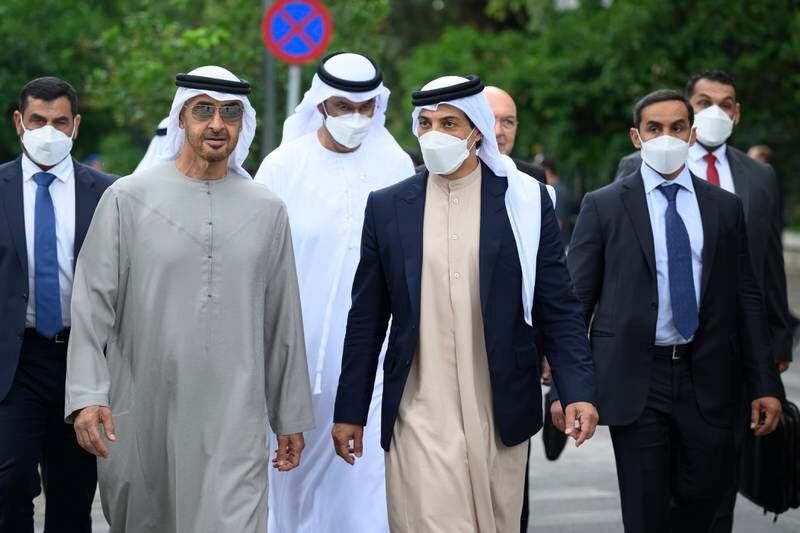President Sheikh Mohamed and Sheikh Mansour bin Zayed, Deputy Prime Minister and Minister of Presidential Affairs, depart a meeting in Athens. 