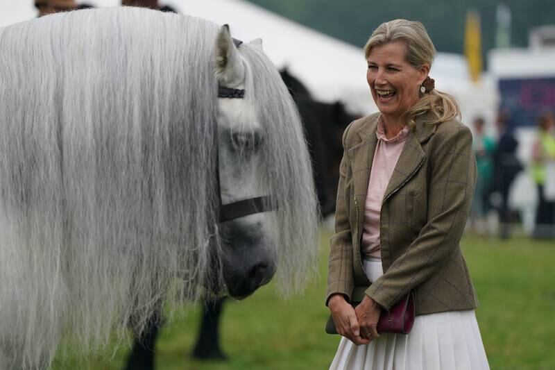 Sophie, Countess of Wessex, in a white pleated skirt and tweed jacket, attends the Westmorland County Show on September 9, 2021 in Crooklands, Cumbria, England. Getty Images