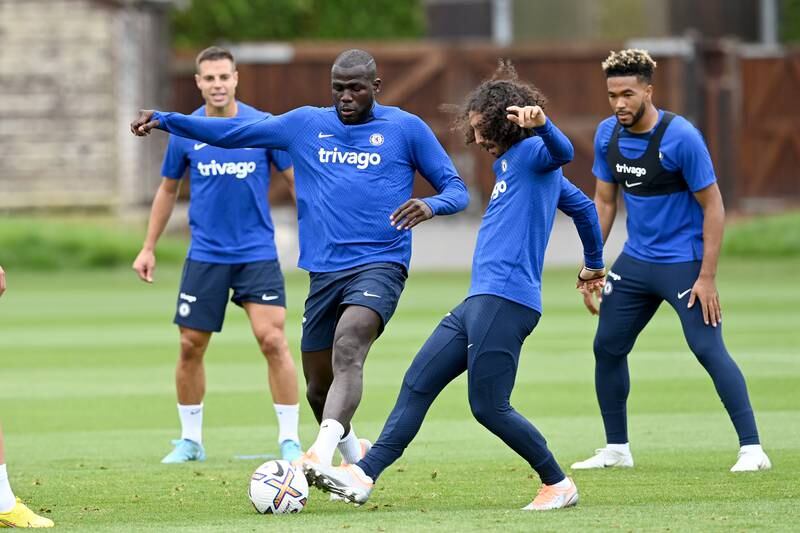 Kalidou Koulibaly and Marc Cucurella compete in training. 