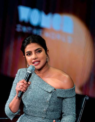 Actress Priyanka Chopra Jonas speaks at the Women in the World Summit on April 11, 2019 in New York City. / AFP / Johannes EISELE
