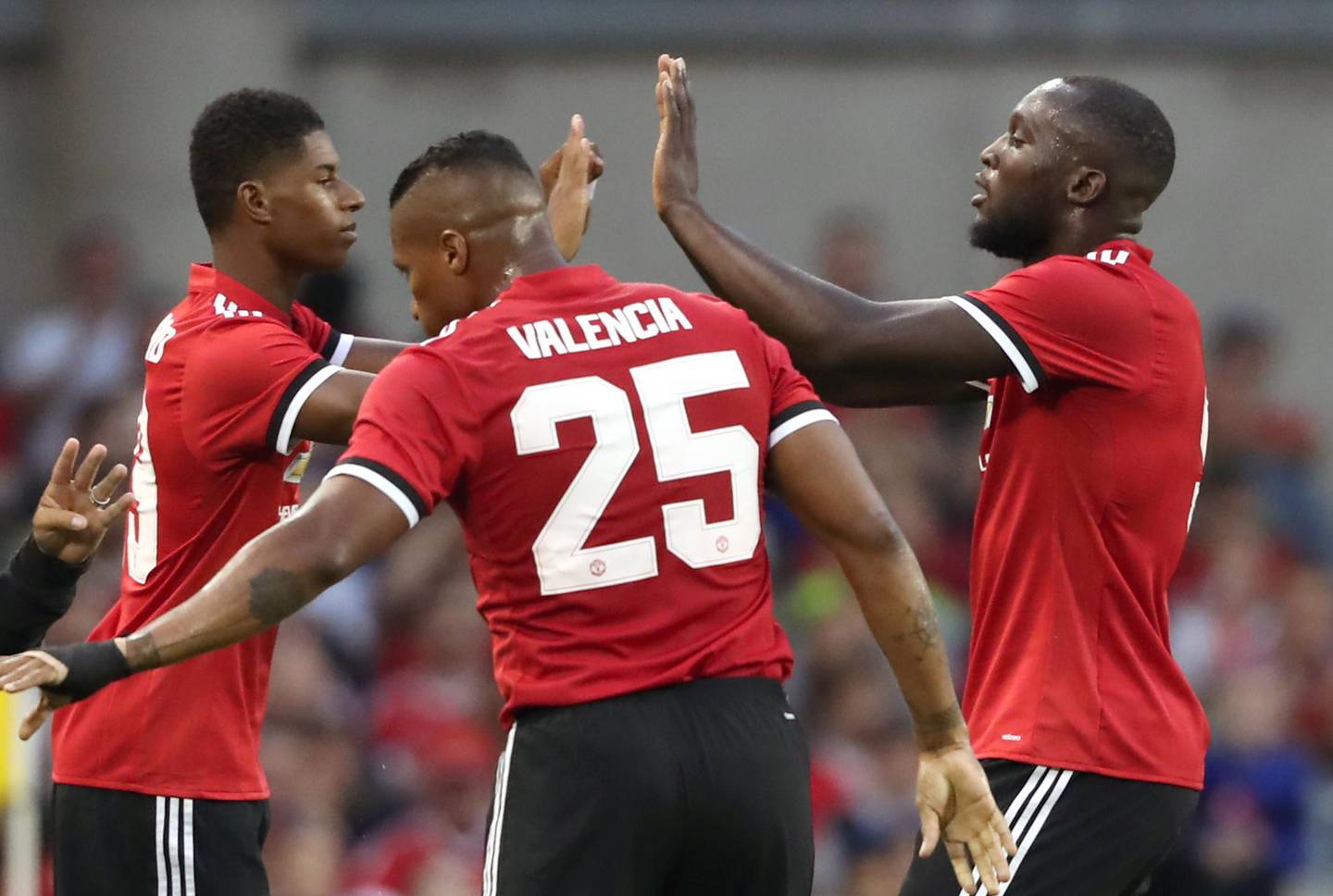 Manchester United's Romelu Lukaku (right) is substituted for Marcus Rashford during the pre-season friendly match at the Aviva Stadium, Dublin. PRESS ASSOCIATION Photo. Picture date: Wednesday August 2, 2017. See PA story SOCCER Man Utd. Photo credit should read: Niall Carson/PA Wire. RESTRICTIONS: Editorial use only. No commercial use.