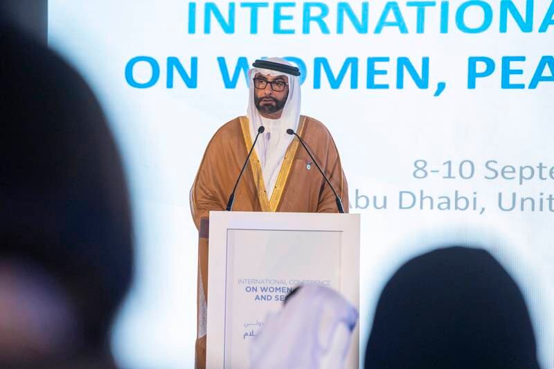 Mohammed Al Bowardi, Minister of State for Defence, speaking at the International Conference on Women, Peace and Security in Abu Dhabi.
