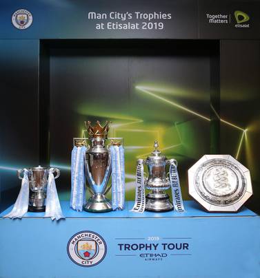 The Carabao Cup, Premier League, FA Cup and Community Sheild trophies won by Manchester City's men's team in 2018/19. Courtesy photo