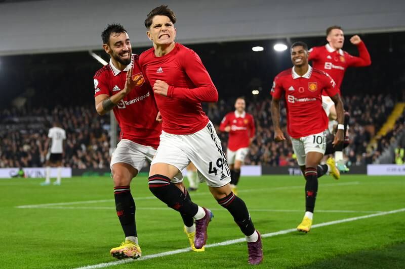 Substitute Alejandro Garnacho celebrates scoring Manchester United's winner against Fulham in the Premier League match at Craven Cottage on November 13, 2022. PA