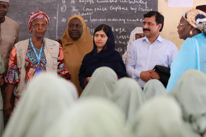 Nobel laureate Malala Yousafzai addresses students of Yerwa Girls school in Maiduguri, Nigeria July 18, 2017. Reuters/Afolabi Sotunde