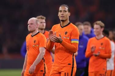 AMSTERDAM, NETHERLANDS - MARCH 29: Virgil van Dijk of Netherlands applauds the fans after the international friendly match between Netherlands and Germany at Johan Cruijff Arena on March 29, 2022 in Amsterdam, Netherlands. (Photo by Joosep Martinson / Getty Images)