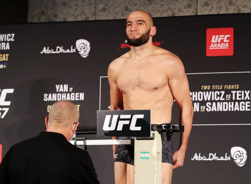 Middleweight Albert Duraev weighs in before UFC 267 at the Hilton Hotel, Yas Island.