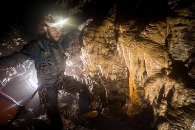 Cave diver Toufic Abou Nader in the Krubera cave network. Photo courtesy of Gergely Ambrus / Inverse Everest​